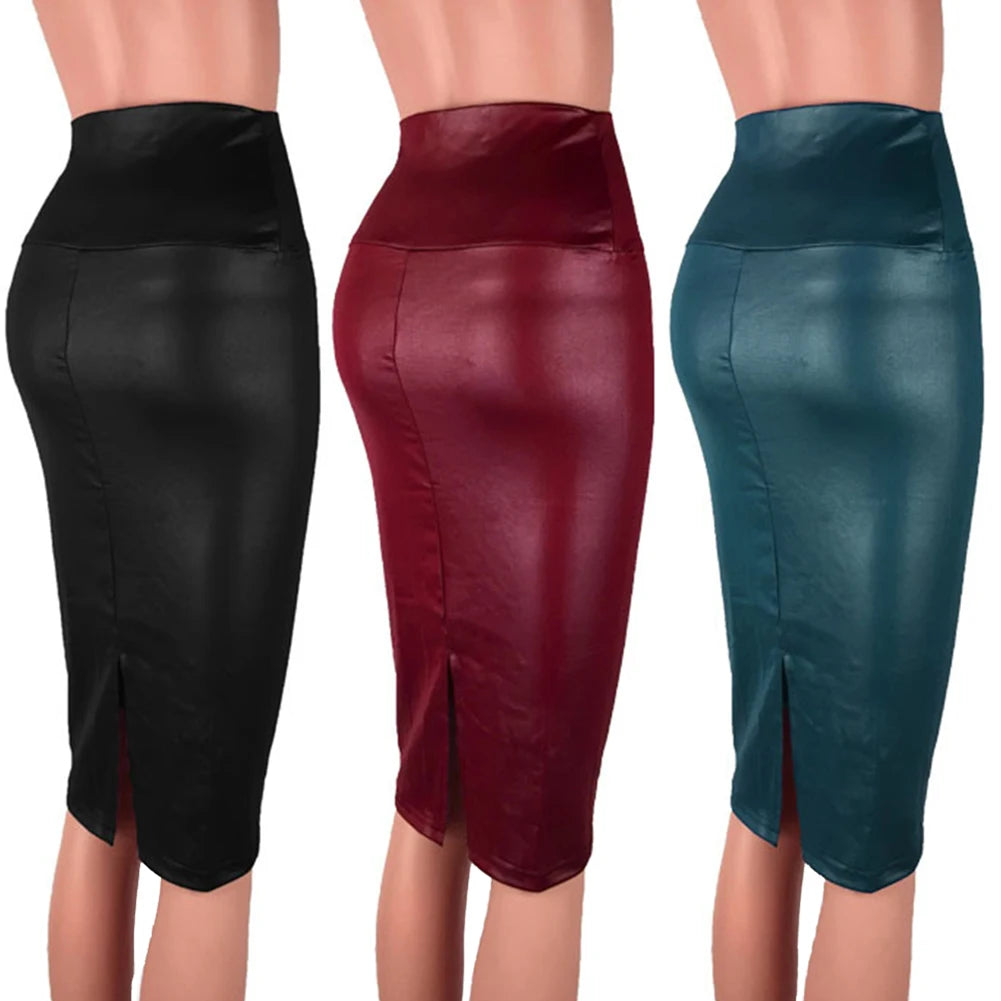 Sexy Kunstleder-Bleistiftrock mit hohem Bund & Rückenschlitz – Eleganter Bodycon Rock für Büro & Abendlook